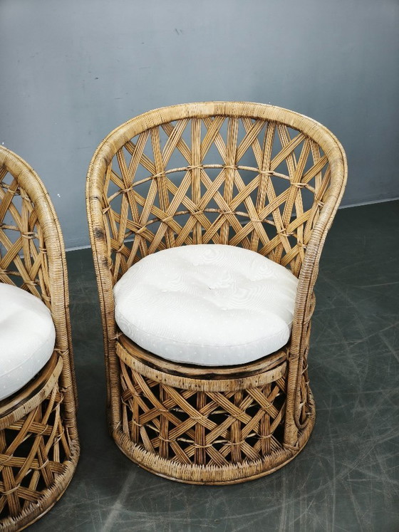 Image 1 of Een paar Italiaanse bamboe- en rotanfauteuils, jaren 60.