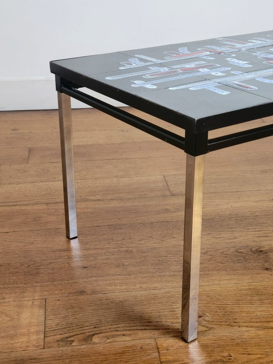 Image 1 of Table basse vintage avec plateau en céramique, signée Adri Belgium.