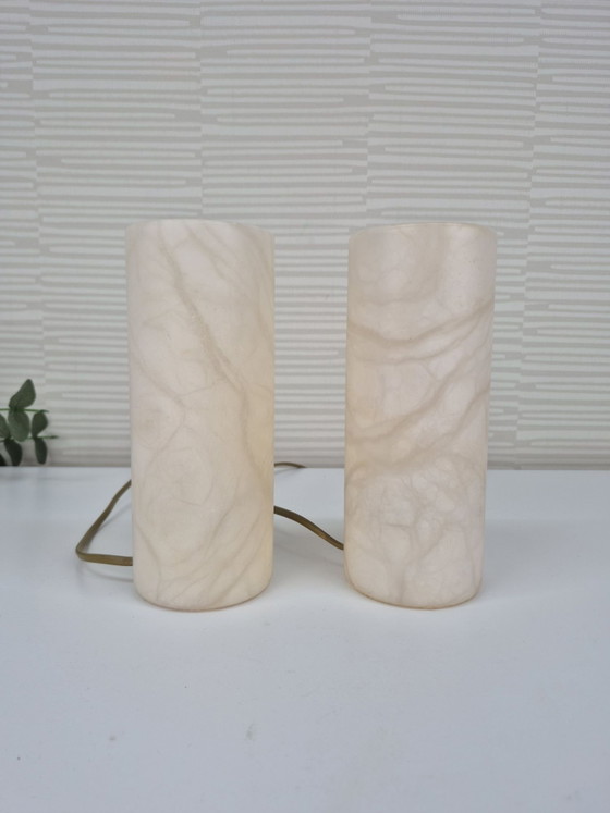 Set vintage (2) lampade a cilindro in alabastro spagnolo., Lampade da tavolo, Pietra, Beige (foto 4 di 10)