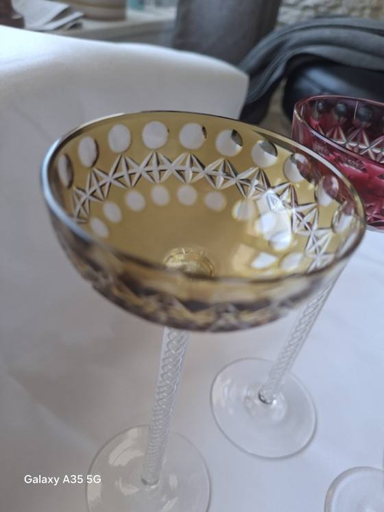 Image 1 of Set di 5 bicchieri da liquore antichi in stile Art Nouveau - Josephinenhütte, circa 1900 - stelo a spirale