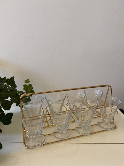 Set of 8 glasses in brass holder, 1950s