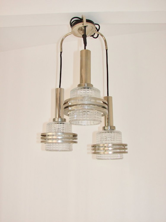 Image 1 of Moderne hanglamp, jaren 70, metaal en glas, 3xE27