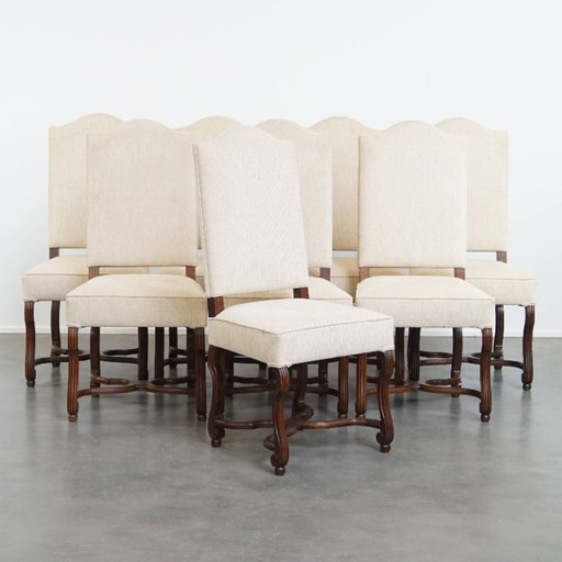 8x Antique dining chairs with wooden frame and beige upholstery