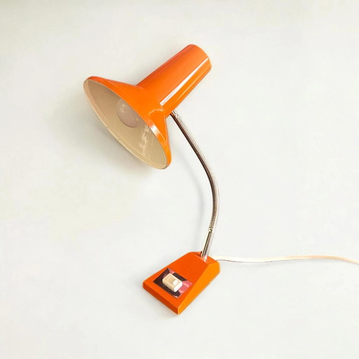 Original Mid Century SIS Table Lamp, 1960s/70s, Witch's Hat Gooseneck Lamp in Vibrant Orange.