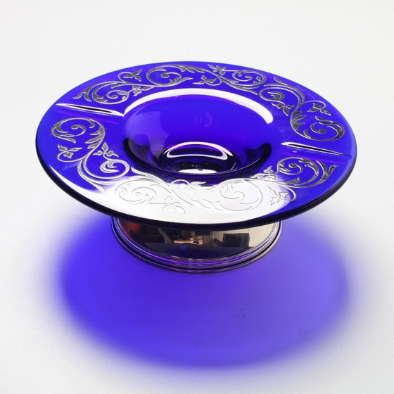 Image 1 of Mid-cetury Rare Cobalt Blue Crystal and Silver Bowl / Fani Argento / Florence / Italy / 1930s