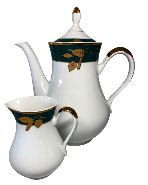 Juego moderno de tetera y lechera de porcelana Thun Carlsbad - Diseño en verde y hojas de oro
