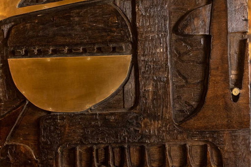 V. de Segonzac. Modernist triptych in carved wood. Contemporary.