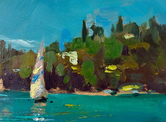 Image 1 of Original Oil Painting Summer Coastal Landscape Sailboat at Sea