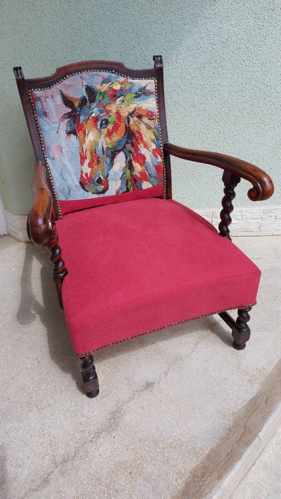 Image 1 of Refurbished Colonial-Style Armchair with Horse Tapestry
