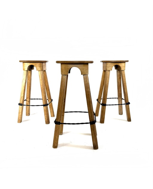 3x Brutalistischer Eichenbarhocker '60