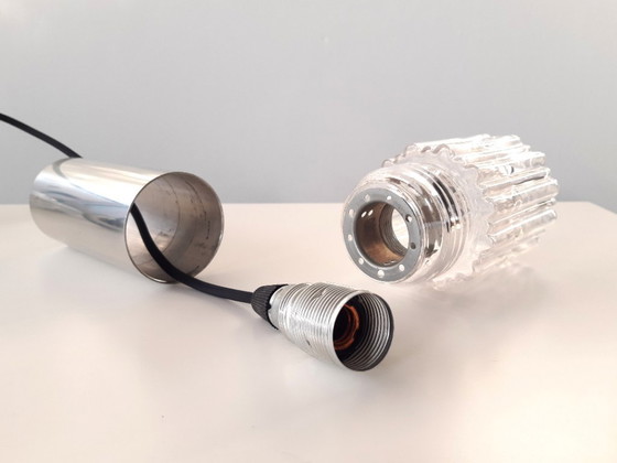 Image 1 of Vintage cascade pendant lamp with 5 transparent glass bubble glass cups, mcm glass chrome chandelier