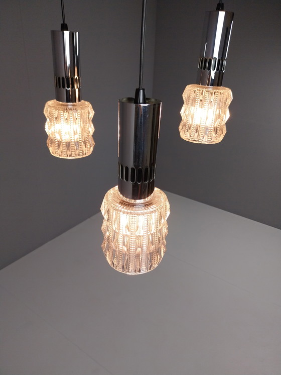 Image 1 of Vintage Hanglamp met 3 Lichtpunten (Chroom + Glas), Jaren 70