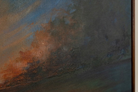 Large Original Blue and Orange Abstract Landscape Painting, Textured Acrylic Canvas - Whispering Embers (photo 16 of 23)