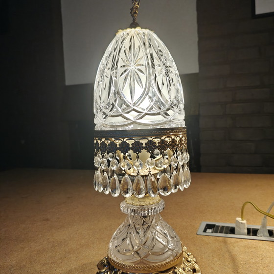 Image 1 of Vintage Crystal Table Lamp with Cherub – Heavy Cut Glass – Hollywood Regency Style