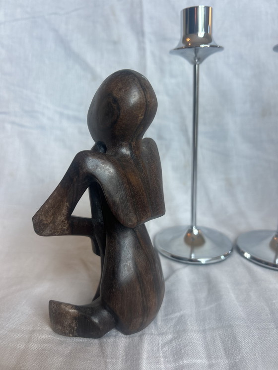 Image 1 of Houten beeld de denker seventies 79 abstract 