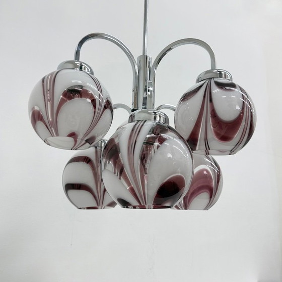 Image 1 of XL Italian purple and white murano glass swirl chandelier , 1970s