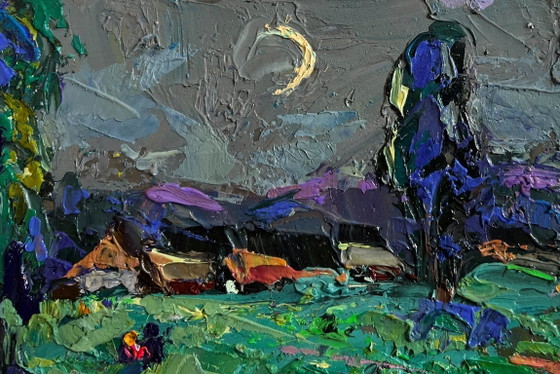 Image 1 of Original Oil Painting Night Village Landscape Light from the moon
