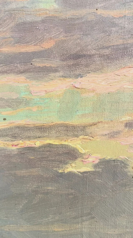 Image 1 of Peinture à l'huile originale vintage représentant une marine, signée, art de plage