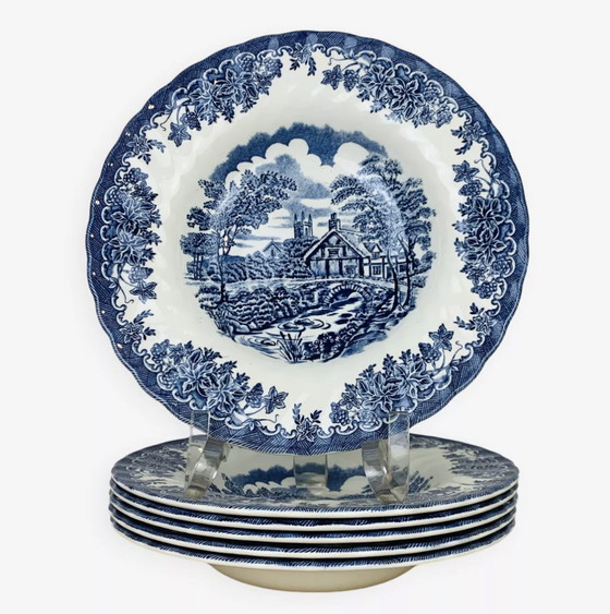 Image 1 of 6 Assiettes Creuses Terre De Fer Anglaises Myott The Brook, Ironstone Vintage