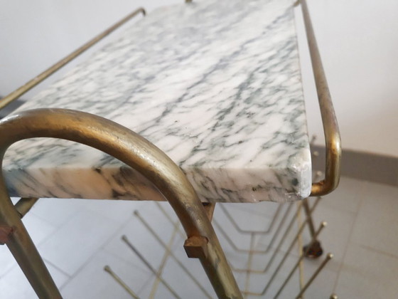 Image 1 of Vintage 1950s Brass & Marble Rolling Magazine Rack Side Table