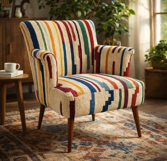 Image 1 of Moroccan Handmade Accent Chair, Colorful Woven Armchair, Mid Century Modern Lounge Chair, Boho Upholstered Chair
