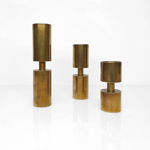 3 Scandinavian candlesticks in solid brass, Thelma Zoega, Sweden, 1976