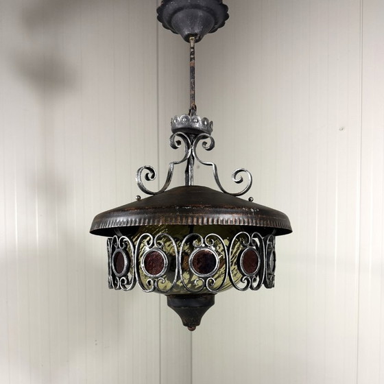 Brutalist iron and glass Pendant lamp 1960s, Metal, Brown, Vintage (photo 2 of 11)