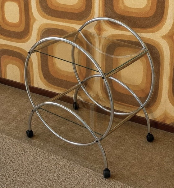 Image 1 of Vintage Bauhaus chrome serving trolley on wheels with two glass shelves