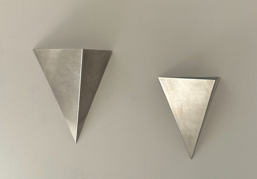 Pair of vintage sconces, brushed metal and sandblasted glass, France, 1970