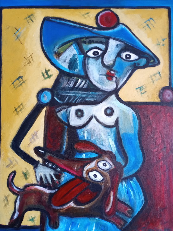 Image 1 of T. van Steenbergen "Picasso with dachshund" 50 x 60 cm