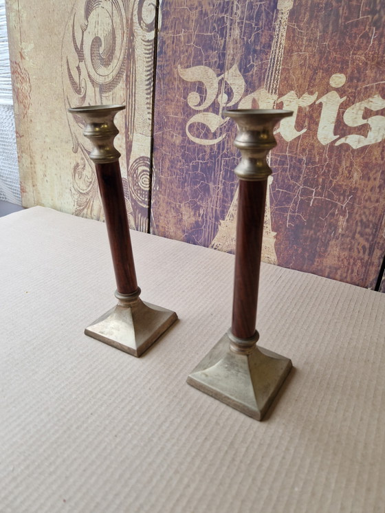 Image 1 of Chic set of candlesticks aluminum with wood