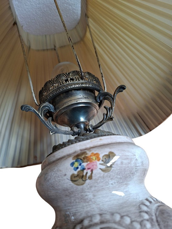 Image 1 of Vintage Hand-Painted Ceramic and Bordeaux Velvet Table Lamp