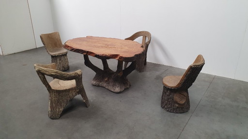 Vintage faux wood cement garden set 4 chairs/table Brutalist 60s France