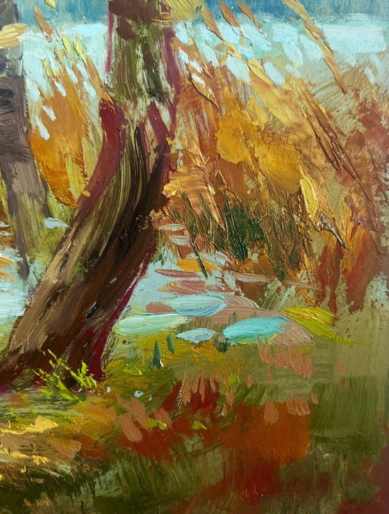 Image 1 of Peinture à l'huile originale représentant un paysage côtier d'automne par temps venteux au bord de la rivière
