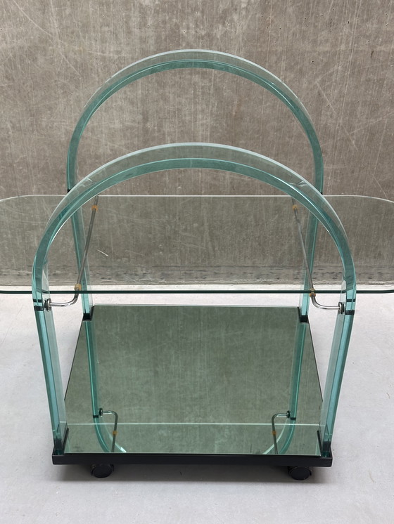 Image 1 of Curved green glass bar cart by FIAM - Italy - 1980s