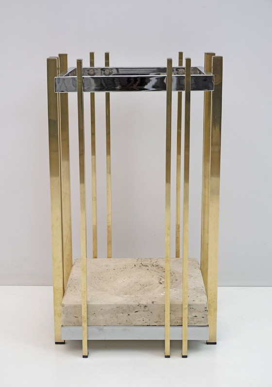 Image 1 of Moderno paragüero italiano de mediados de siglo en travertino, cromo y latón, años 70