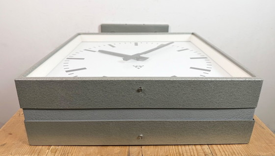 Image 1 of Large Square Industrial Double-Sided Factory Clock from Pragotron, 1960s