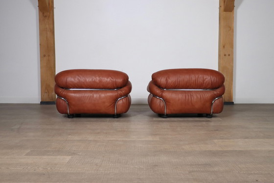 Image 1 of Paar Sesann Lounge Chairs van Gianfranco Frattini in cognac leer voor Cassina Italië 1969