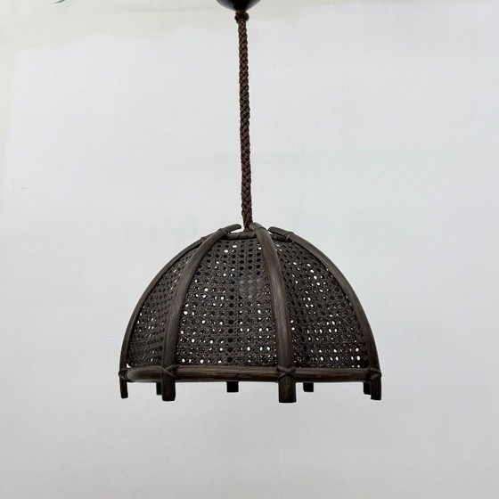 Image 1 of Vintage rattan and webbing hanging lamp 1970s retro