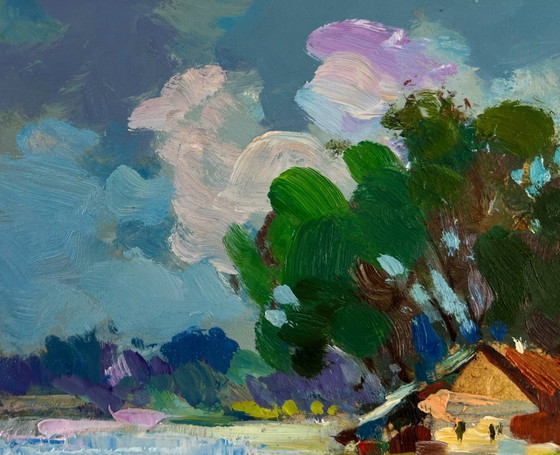 Image 1 of Original Oil Painting Summer Coastal Landscape The river flows past the village