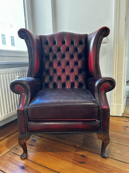 Originele Chesterfield fauteuil met oorleuningen – leer, vintage, Engeland – Leather, Wood