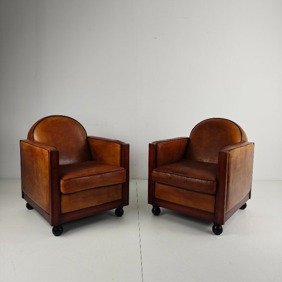 Image 1 of Poltrone in pelle di pecora Art Déco – set di due