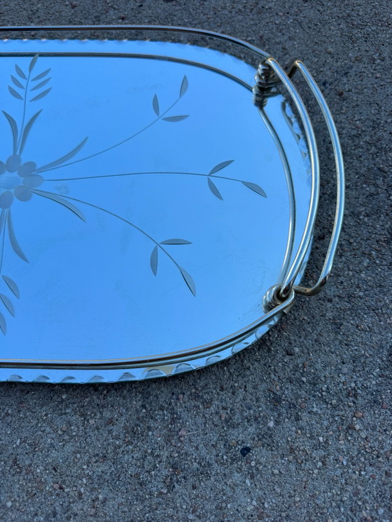 Engraved beveled mirror tray 50s, Decorative Objects, Glass, Chrome, Silver (photo 4 of 13)