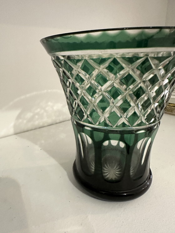 Image 1 of Dark Green Cut Crystal Vase Val Saint Lambert