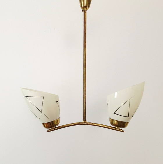 Image 1 of Beautiful art deco chandelier, vintage pendant light, ceiling light, two-arm chandelier, mid-century modern chandelier, Yugoslav