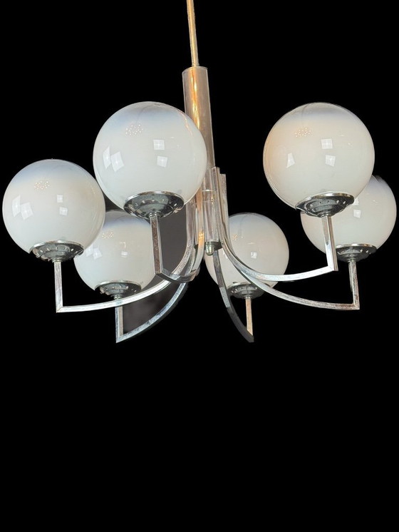 Image 1 of Lampadario a sei bracci in sfere di vetro di Murano e cromo. Italia anni '60