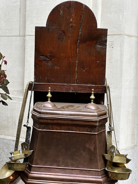 Image 1 of Large French Copper and Brass Wall-Mounted Kitchen Fountain with Basin, Early 19th Century