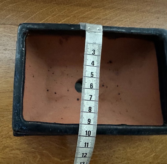 Image 1 of Rectangular pot + blue glazed saucer 18 cm x 11.5 cm for bonsai or succulent