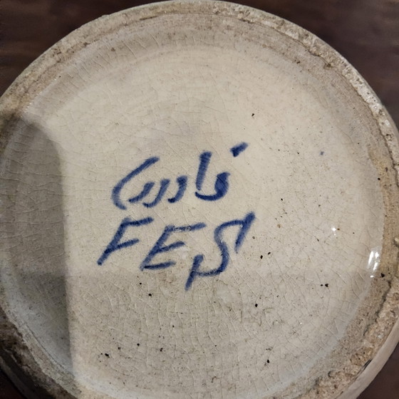 Image 1 of Vintage Ceramic Moroccan Fassi motif vase blue / white (FES) cobalt blue / copper rims