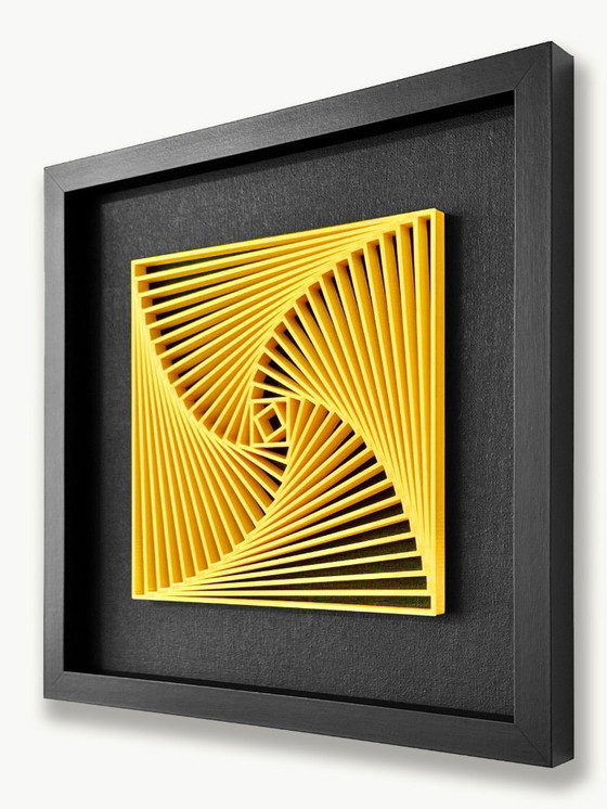 Image 1 of 3D-geprinte gele spiraalvormige wanddecoratie – geometrisch ingelijst kunstwerk, PLA-sculptuur